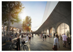 Budoucnost centra Brna, 2. místo: consequence forma, nový viadukt – komerční ulice mezi terminálem a Tescem – foto