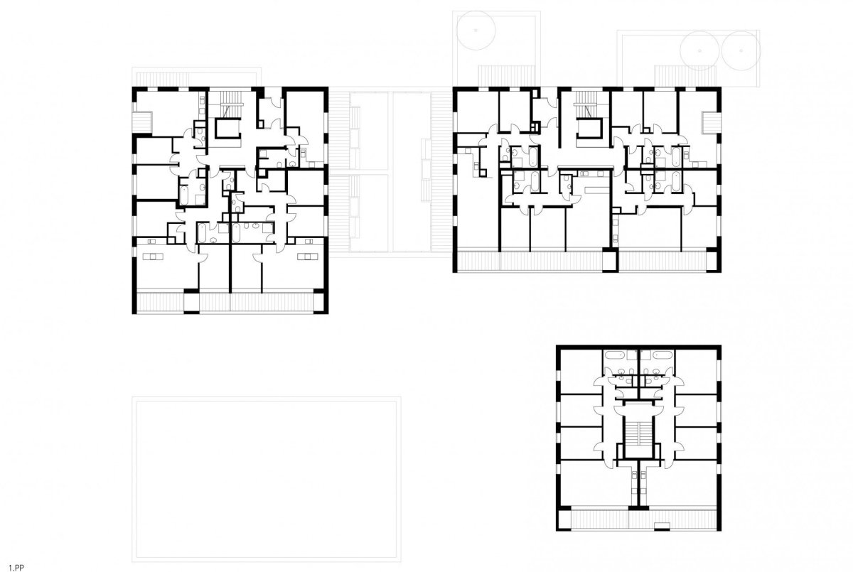 Čtyři domy v jednom, půdorys 1 PP, Kuba & Pilař architekti
