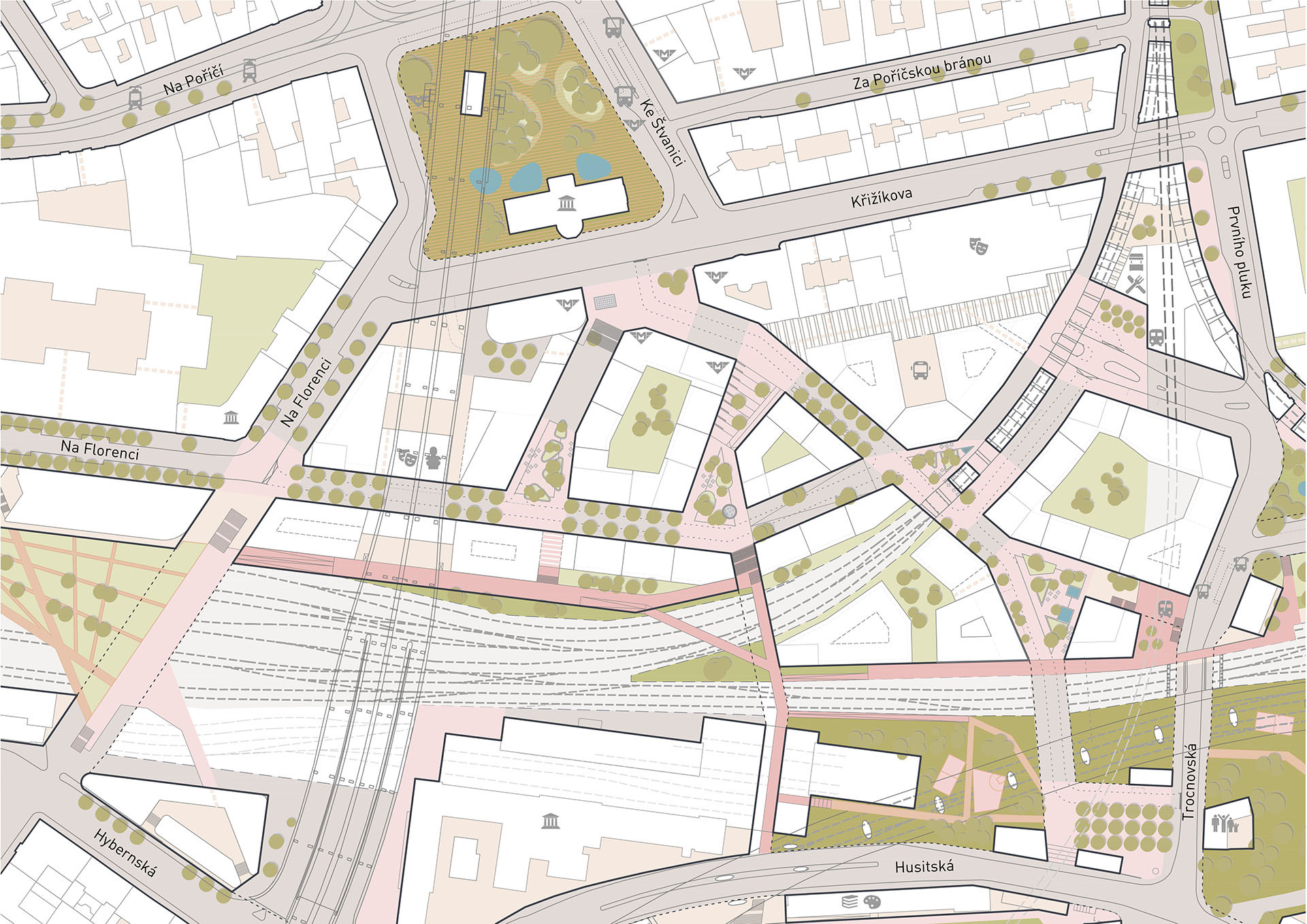 Florenc21: Etapa Západ, situační výkres vymezení bloků a veřejných prostranství, autor: UNIT architekti, A69 – architekti a Jakub Cígler architekti, 2024