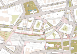 Florenc21: Etapa Západ, situační výkres vymezení bloků a veřejných prostranství, autor: UNIT architekti, A69 – architekti a Jakub Cígler architekti, 2024