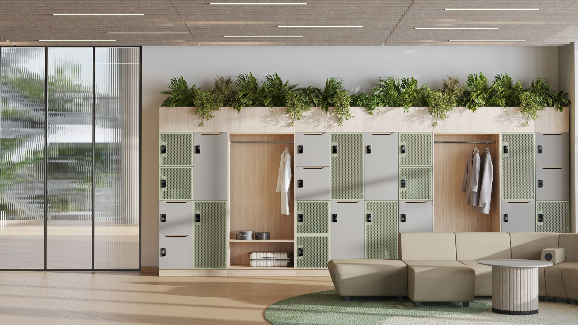 Šatní boxy SAVE L od TOP OFFICE mohou být zakončené květináči, který celý prostor ještě více zpříjemní.