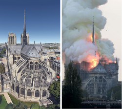Katedrála Notre-Dame v Paříži před a při požáru.