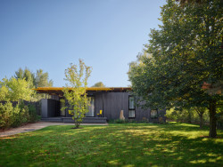 Konstrukční systém, využívaný jinak běžně pro realizaci monolitických betonových staveb, zůstává přiznaný. (Bee House; Petr Novák)