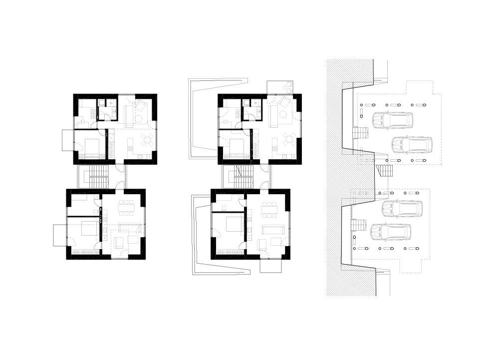 Paleko Arch Studija, PLAZMA Architecture Studio, dřevěné domky Rasu u Vilniusu, půdorys horních domů, výkres