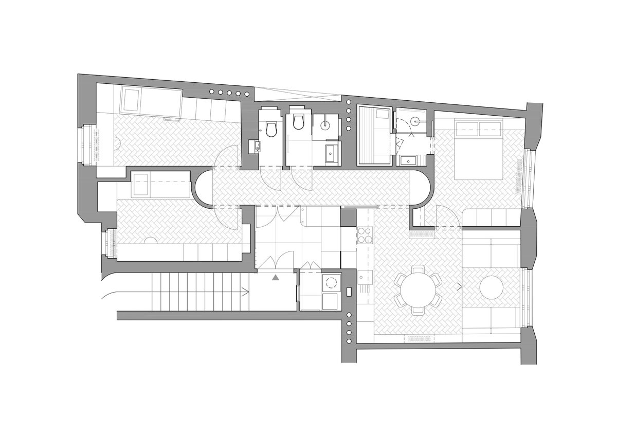 Půdorys - navrhovaný stav (Rekonstrukce bytu v Praze, No Architects)