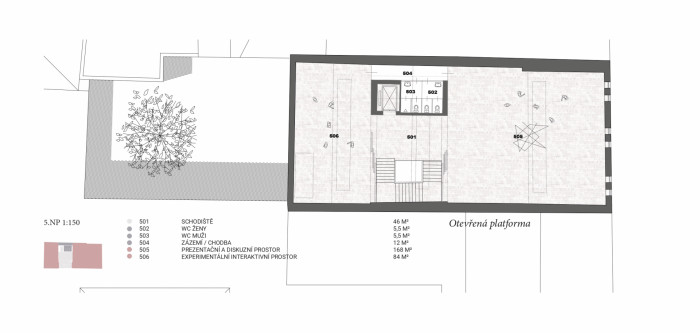 Vítězný návrh Centra současného umění a architektury v Českých Budějovicích od studií AFF Architekten + Malý Chmel, půdorys 5NP