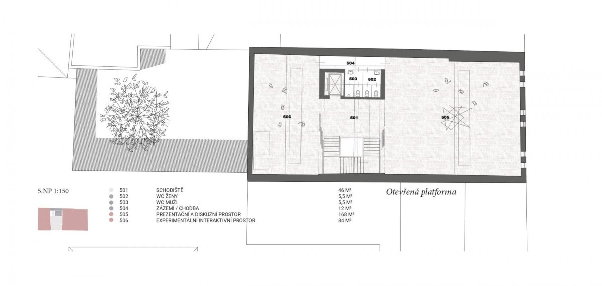 Vítězný návrh Centra současného umění a architektury v Českých Budějovicích od studií AFF Architekten + Malý Chmel, půdorys 5NP