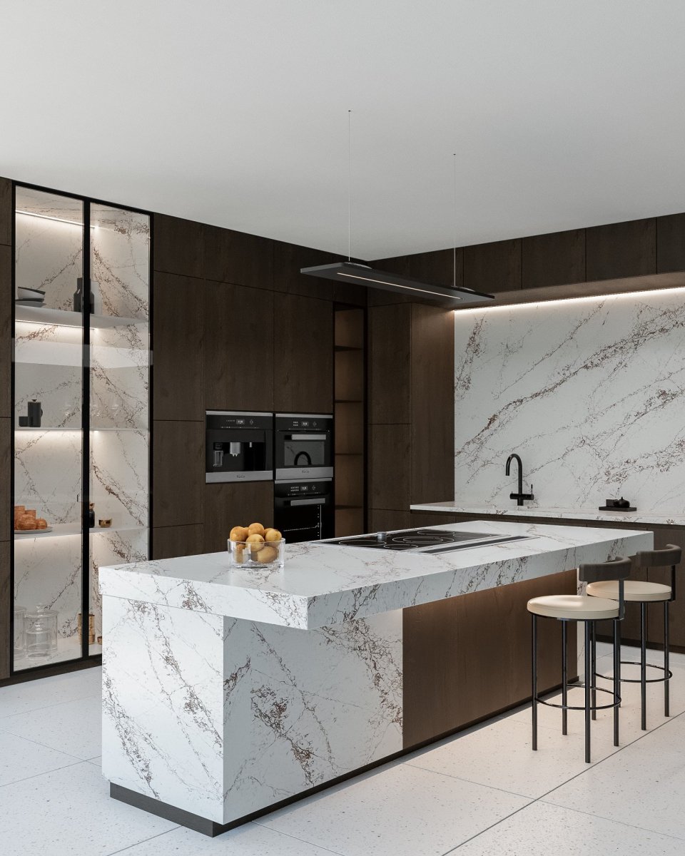 Společnost Technistone představuje nové dekory tvrzeného kamene inspirované luxusním mramorem: na obrázku dekor Bronze Coast