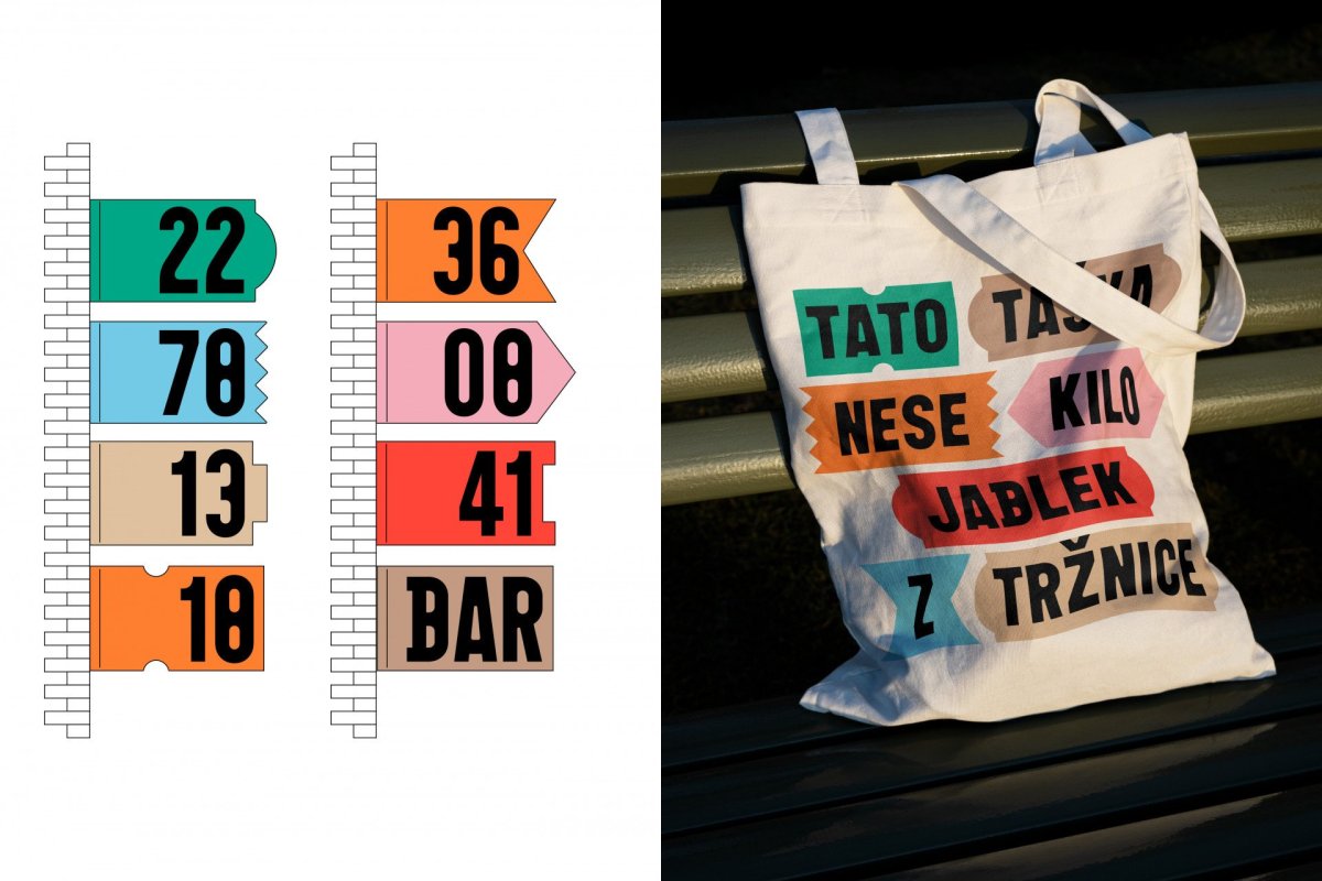 Označení jednotlivých hal (směrová navigace) a plátěná taška (merch Hala 22)