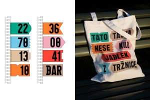 Označení jednotlivých hal (směrová navigace) a plátěná taška (merch Hala 22)