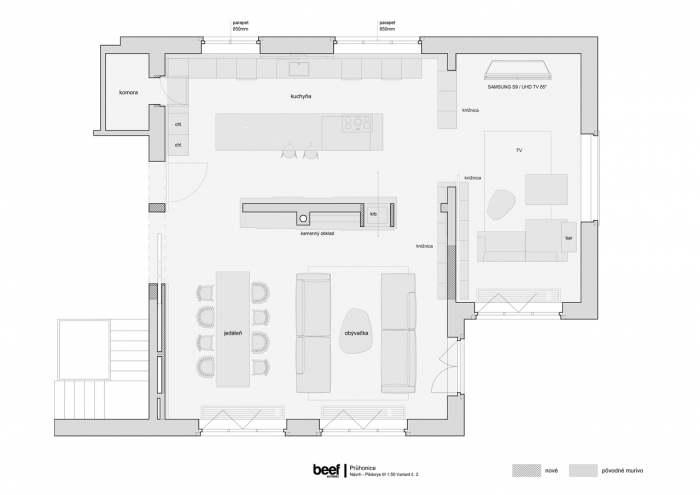 beef, Interiér vily v Průhonicích, půdorys – foto