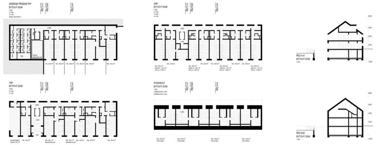 Polyfunkční dům Slivenec, půdorys bytového domu, BOD ARCHITEKTI