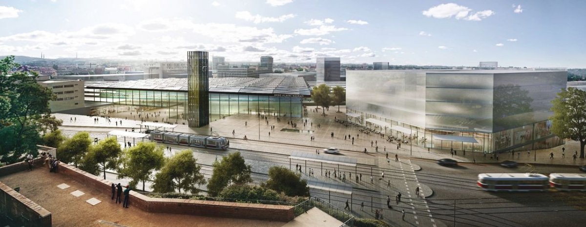 Budoucnost centra Brna, 1. místo: UNIT architekti (CZ), pohled na hlavní budovu nového nádraží na lokalitě pod Petrovem // finalista – foto