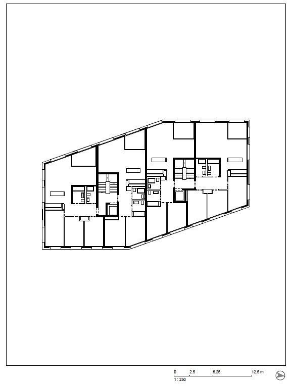 Baumschlager Eberle Architekten, bytový komplex Chilestig, půdorys patrem, výkres