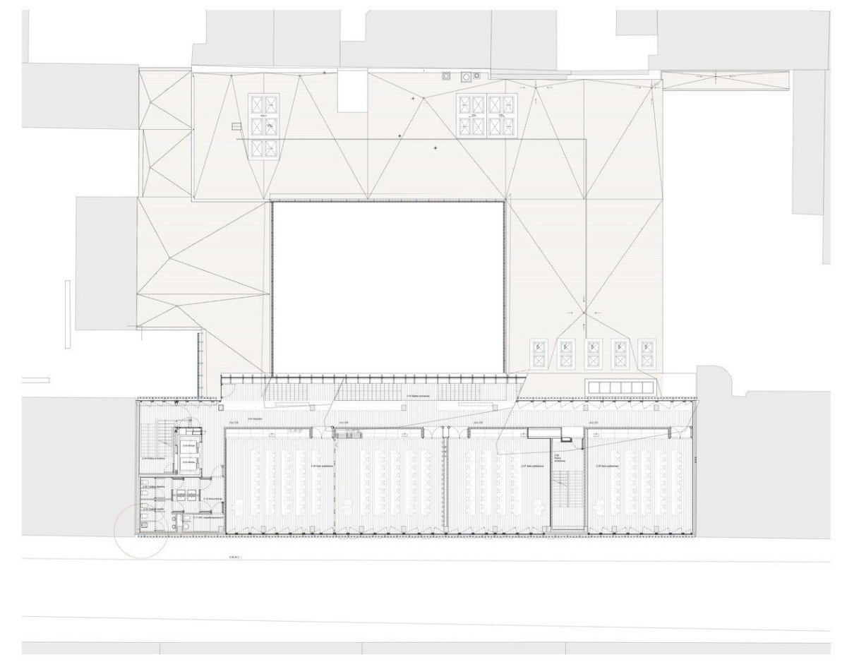 Fakulta rozhlasové a televizní tvorby Slezské univerzity v Katovicích, BAAS Arquitectura + Grupa 5 Architekci + Małeccy Biuro Projektowe, půdorys druhé patro