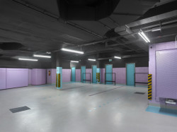 Dům má také vlastní (barevnou) podzemní garáž. (Rezidence Gotthardská v Praze, NEDVEDARCHITETI)