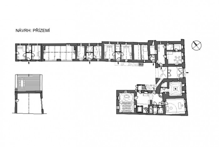 Úprava bývalé fary ve Chvalšinách na zařízení pro  pobyty osob s poruchami autistického spektra, 4DS, půdorys přízemí