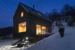 Plášť je tvořen vertikálně kladenými borovicovými prkny s opalovaným povrchem po vzoru japonské techniky Shou Sugi Ban