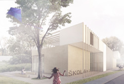 Exteriér nového pavilonu s multifunkčním sálem, Petr Průša, Michaela Horáková, Sasha Derkach, Dmytro Matviishyn.