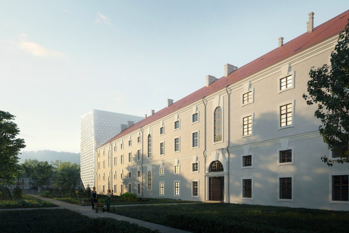 Rekonstrukce a dostavba pražské Invalidovny, Petr Hájek Architekti, perspektiva, západ zahrady.
