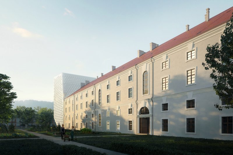 Rekonstrukce a dostavba pražské Invalidovny, Petr Hájek Architekti, perspektiva, západ zahrady.