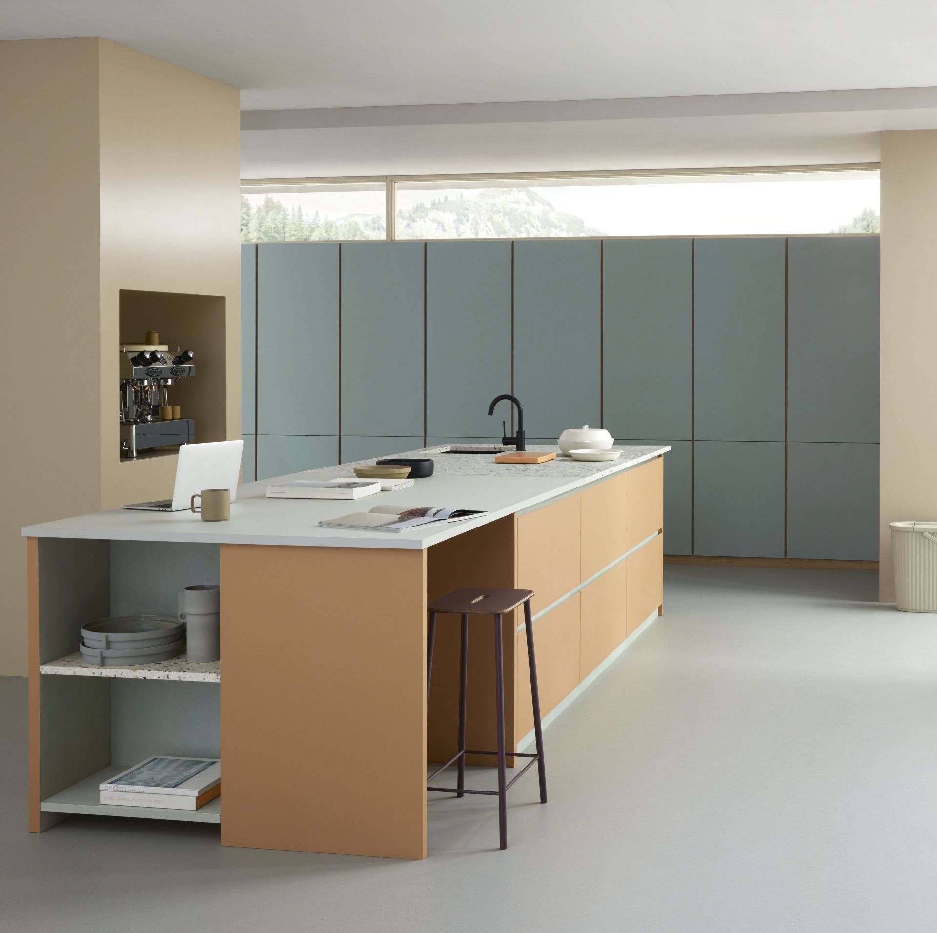 Nábytkové linoleum Forbo Flooring Systems v odstínech 4177 vapour, 4002 leather a 4004 blue