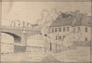 Studentská kresba Saského (dnes Rooseveltova) mostu z roku 1926 (Výstava plzeňské průmyslové školy)