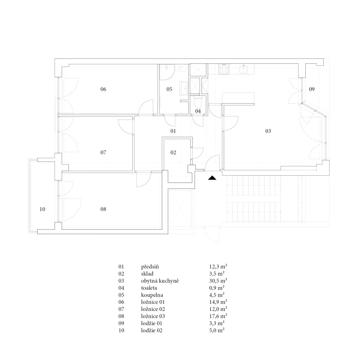 Půdorys - původní stav (Byt bez příček; RDTH architekti)