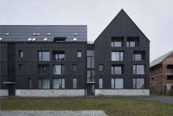 Vážný dům s tmavou fasádou a velkorysými okny (Bytový dům Krušec, monom)