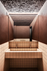 Hnědočervený tón vládne i barevnému odstínu na toaletách. (Mezi Srnky, Markéta Bromová Architekti)