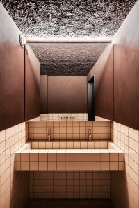Hnědočervený tón vládne i barevnému odstínu na toaletách. (Mezi Srnky, Markéta Bromová Architekti)