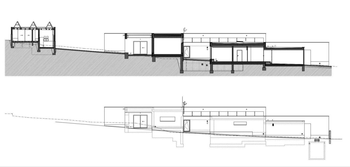 Rodinný dům Benešov, podélný řez a pohled, Holiš + Šochová architekti