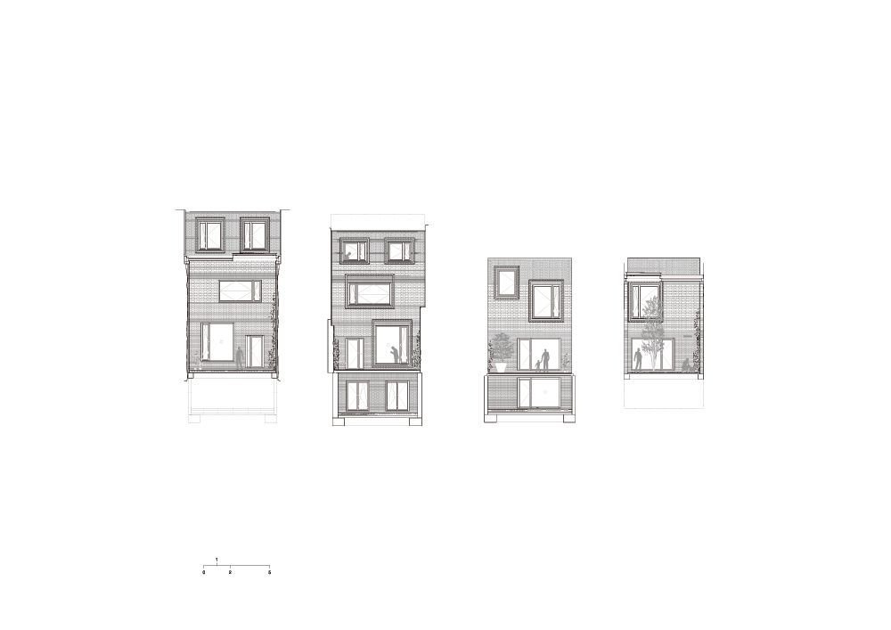 HARQUITECTES, cihlový dům č.p. 1014, bokorys, výkres