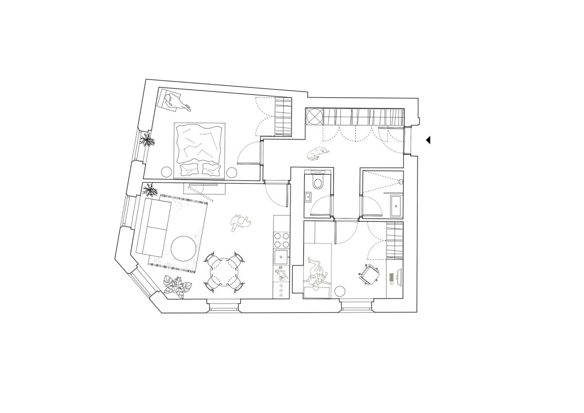Půdorys bytu ve 2.NP (Rekonstrukce pavlačového domu v Praze-Nuslích, Plus One Architects) 