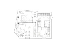 Půdorys bytu ve 2.NP (Rekonstrukce pavlačového domu v Praze-Nuslích, Plus One Architects) 