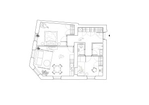 Půdorys bytu ve 2.NP (Rekonstrukce pavlačového domu v Praze-Nuslích, Plus One Architects) 