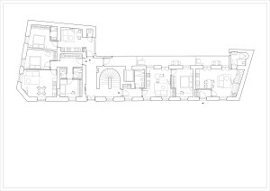 Půdorys 1.NP (Rekonstrukce pavlačového domu v Praze-Nuslích, Plus One Architects) 