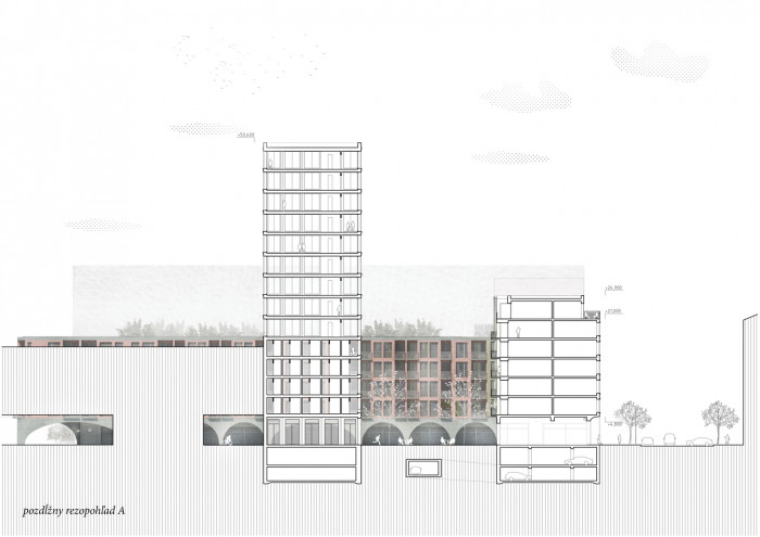 Bytový dům v Karlíně, řezopohled, Barbora Červeňová