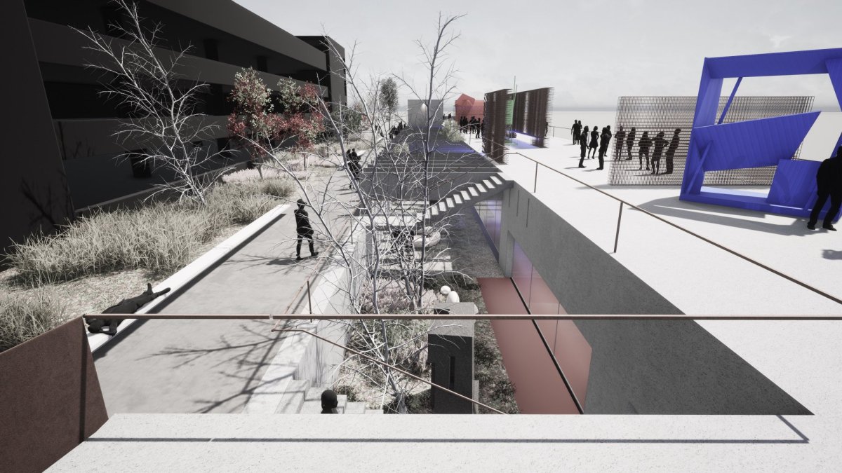 Vizualizace vítězného návrhu Petr Stolín Architekt - parter mezi stanicí a parkovacím domem P+R