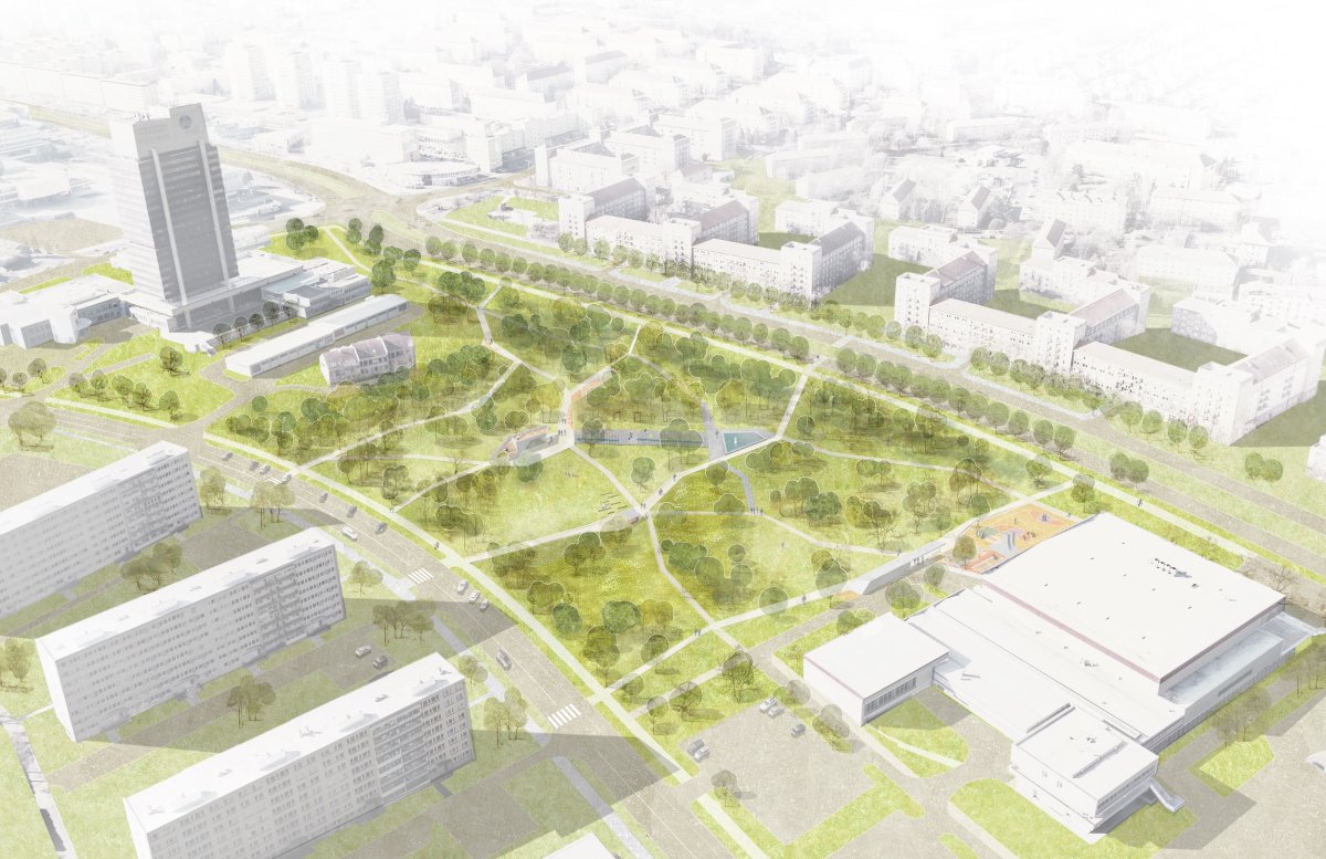 Vizualizace parku Střed v Mostě podle návrhu Rehwaldt Landscape Architects a Atelier Hoffman (Park Střed v Mostě, Rehwaldt Landscape Architects + Atelier Hoffman)