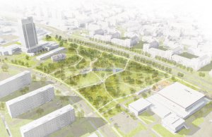 Vizualizace parku Střed v Mostě podle návrhu Rehwaldt Landscape Architects a Atelier Hoffman (Park Střed v Mostě, Rehwaldt Landscape Architects + Atelier Hoffman)