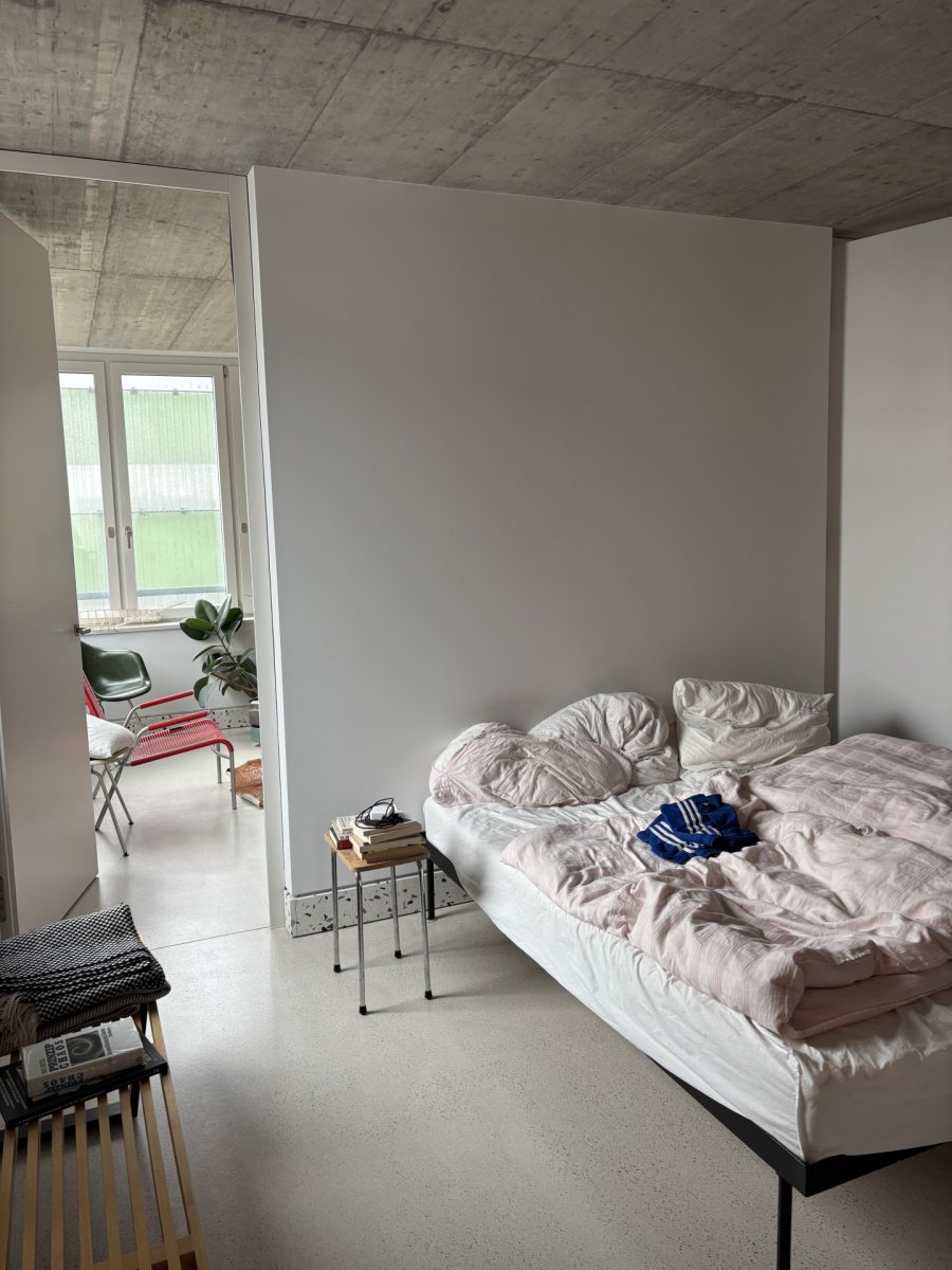 Ložnice je průchozí. Má hned čtvery dveře. (Komunitní bydlení v bývalé industriální zóně; Clauss Kahl Merz Atelier)