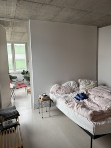 Ložnice je průchozí. Má hned čtvery dveře. (Komunitní bydlení v bývalé industriální zóně; Clauss Kahl Merz Atelier)