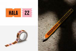 Logo Haly 22 v základních barvách a jeho aplikace a logo Holešovické tržnice na propagačním předmětu