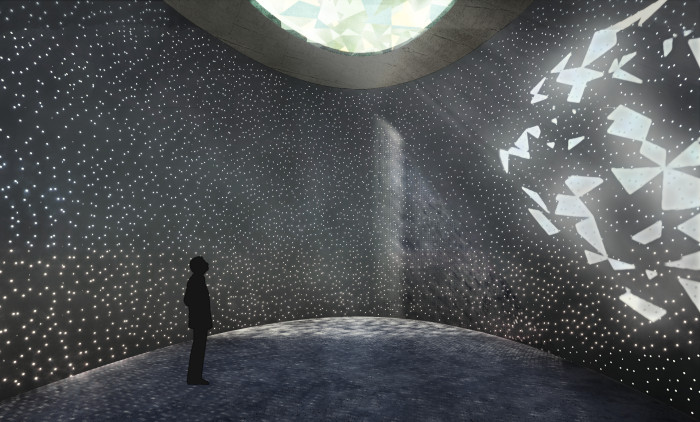 Projekt Univerzum pro Jesenici u Prahy. Ve betonových stěnách budou skleněné tyče a budova bude průsvitná.