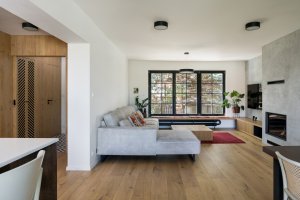 Rekonstrukce řadového domu u letiště, No Architects: Kuchyň byla propojena s obývacím pokojem a vznikl souvislý velkorysý prostor spojující protilehlé stěny domu, došlo i k přesunům dalších místností