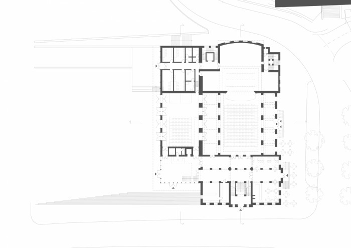 Revitalizace areálu Sokolovny v Rokycanech, Rusina Frei architekti / Martin Rusina, Martin Frei, Gabriela Sládečková, půdorys 1NP