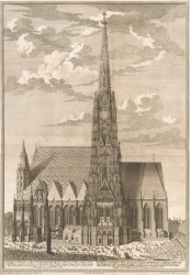 Georg Daniel Heumann podle Salomona Kleinera, Dóm sv. Štěpána ve Vídni, 1724, lept s mědirytem z alba Vera et accurata delineatio omnium templorum [...] Residenz-Statt Wien