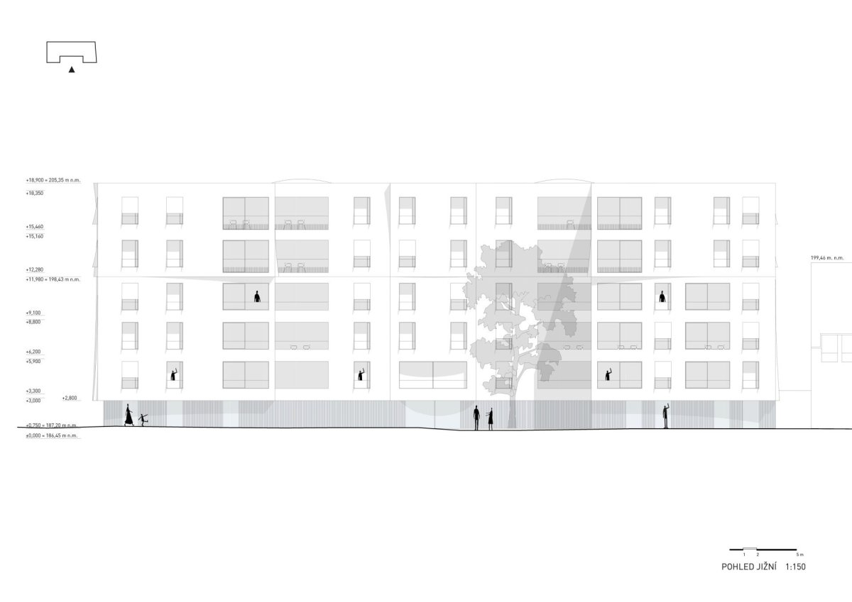 Pohled jižní - architektonické návrhy řešení v průběhu projekční přípravy
