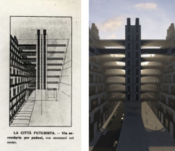Antonio Sant’Elia: Nové město, 1914 (patrové chodníky pro chodce s výtahem uprostřed)